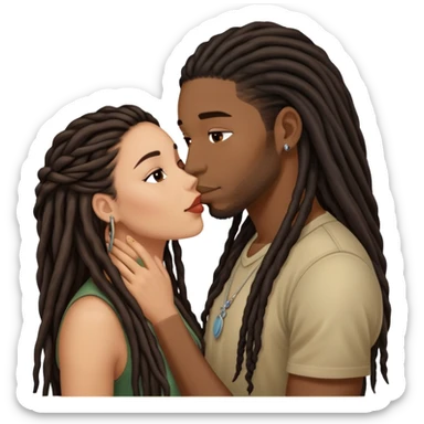 Latina Woman with long hair kissing a young black guy with dreads no beard sticker