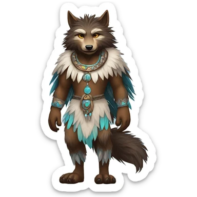 Fluffy Shy Spiritual Shamanic WereWolf With Shiny Tribal Markings wearing feathers Full Body sticker