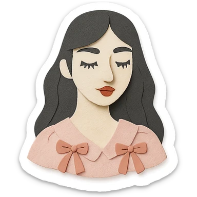 paper craft style illustration of a pale girl with long dark hair, pointy tip nose, full lips, long lashes, v-shaped jaw, in a light pink coquette blouse with ribbons sticker