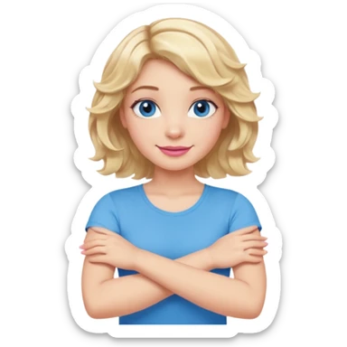 Girl Blonde short wavy hair,  blue eyes, cute blue top, long lashes, pink lips, smiling, making cross arms with arms  sticker