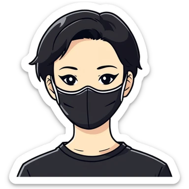 A woman wearing a black mask and black shirt with a white x and has black short hair  sticker