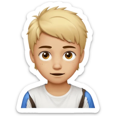 caramel skin color. Teen age. Short buzz, messy blonde hair, dark brown bushy eyebrows large expressive golden-brown eyes, brown skin color, scar over nose, wearing a plain white t-shirt. Awkward smirk with visible teeth. sticker