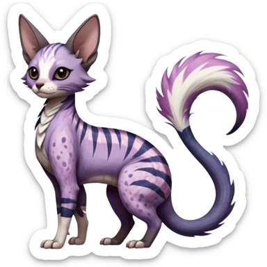 Furry, fluffy tropical flecked painted feathery scaly, Purple, white, black, Minccino-Sphynx-Lykoi-Linoone-Zangoose-fusion-hybrid-animal-Fakémon-creature, full body, thin long sleek scaly tail, intricate markings sticker