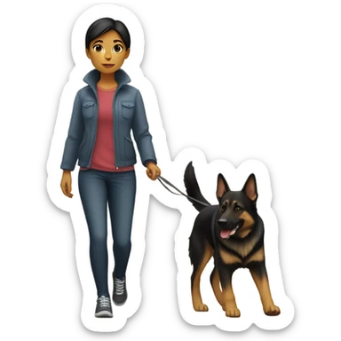 Girl with short dark hair walking a German shepherd sticker