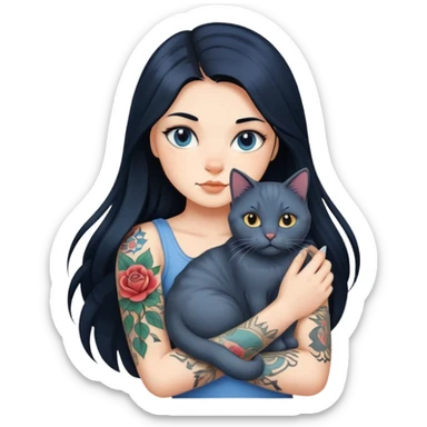 A girl with long black hair, fair skin, and a tattoo on her left arm, holding a British Blue cat. sticker