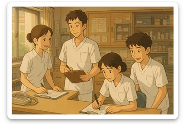 Scene of four nursing students, based on photos, in a care station, Ghibli style, white medical short-sleeve uniforms with V-neck collar and left chest pocket, no accessories, team atmosphere. sticker