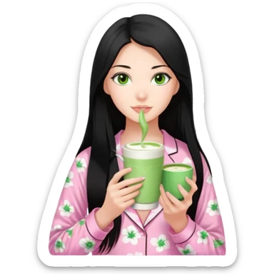 a 18 year old woman pin straight long black hair green eyes pink Victoria secret pjs with matcha sticker