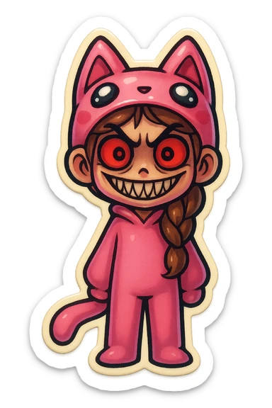 Change the pink character's face to a horror/scary expression, such as wide eyes, sharp teeth, or a creepy smile. Keep the transparent background. sticker