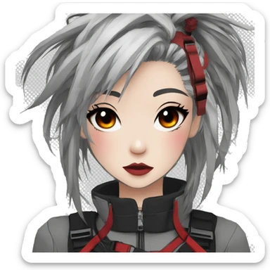 Gorgeous techwear anime style lady with blushing face aesthetic and pretty edgy black red white punk messy hair with collar and harness trending style sticker