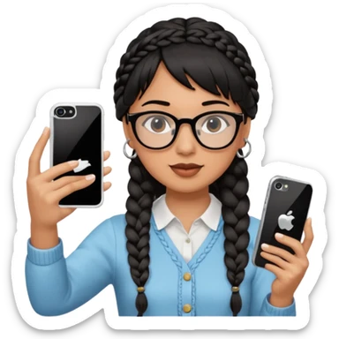 Black hair is braided to one side, braided to the left, and bangs, wearing horn-rimmed glasses, holding an iPhone white color and taking a mirror selfie so that Apple logo comes out sticker