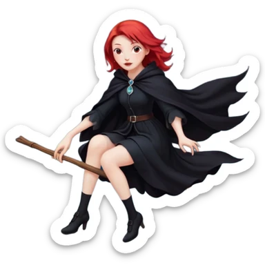 witch with red hair flying , on the background - full moon and black birds, должна сидеть на метле, ноги не касаются краев изображения sticker