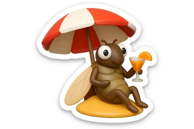 EMOJI STILE IPHONE 3D DI UNA CICALA CHE STA RILASSATA SEDUTA SOTTO L'OMBRELLONE IN SPIAGGIA CON UN COCKTAIL IN MANO, FAGLI GLI OCCHI CON LA PARTE BIANCA, NON SOLO LA PUPILLA sticker