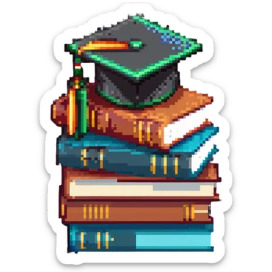 abstract pixel art, simple 3 books stack with graduation cap, minimal details sticker