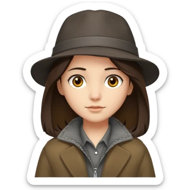 Hobo tomboy with shoulder-length center-parted dark brown hair. brown eyes, dark dull brown coat, grey shirt. Flat crown bolero hat sticker