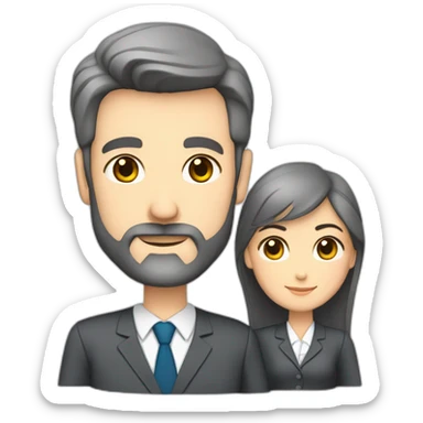 husband classy caucasian 55 some dark gray hair trimmed beard wearing business suit holding bible, with wife asian age 55 dark hair nurse uniform, no children sticker