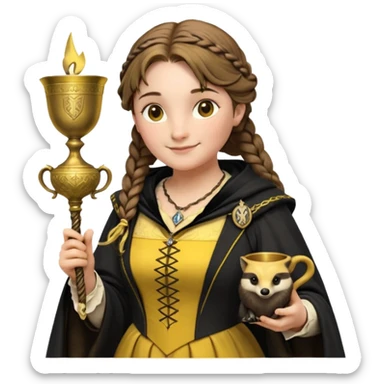 Helga Hufflepuff,the Hogwarts founder of Hufflepuff,brown-haired,2braids,yellow-black medieval dress with black cloak decorated with gold braiding,flickering magic wand and tiny two-handled shiny gold cup engraved with the badger silhouette,very kind smile,curvy busty sweet sticker