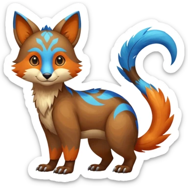 Colorful brown with blue and orange tropical exotic shiny beautiful fantasy-Vernid-Cacomistle-Oncilla-animal-Fakémon-hybrid-fursona (full body) sticker