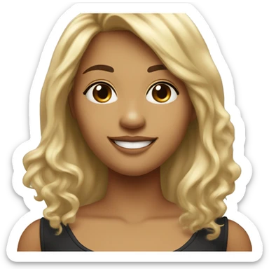 A woman that is smiling and has heart eyes. Her front teeth have a large gap in between it. Her hair is long and wavy with rectangle bangs. Her hair is asymmetrical half blonde on one side half black on the other.  sticker