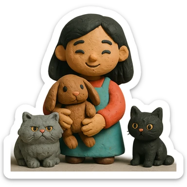 brunette chinita girl holding a brown holland lop rabbit, gray persian cat, and black kitten in claymation style sticker