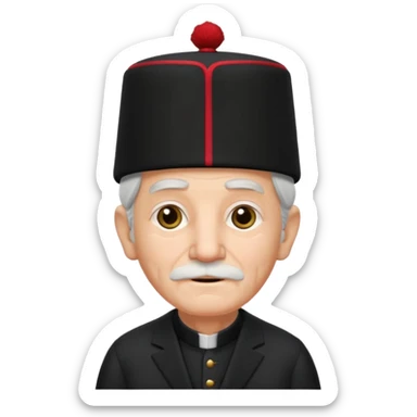 black suited old with fes hat sticker