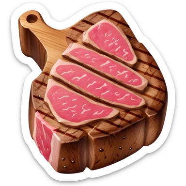 Cinematic thick-cut steak, perfectly seared with grill marks, a juicy pink center, rich and savory, warm glow, sizzling and mouthwatering, highly detailed and appetizing. sticker