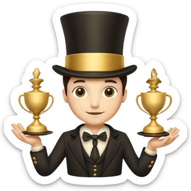many hands in one, a top hat with a gold stripe, a golden hourglass, papers, a cup

 sticker