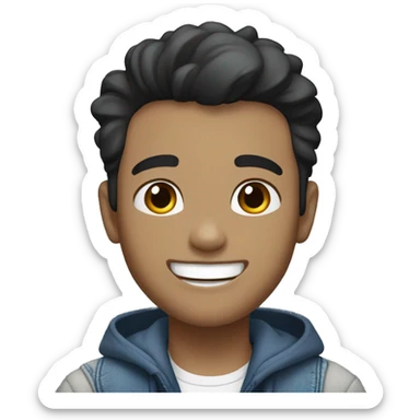 boy, 35 years old, black short hair, gray jacket, white skin tone, blue jeans, laughing sticker