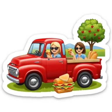 People having a picnic in the back of a red pick up truck sticker