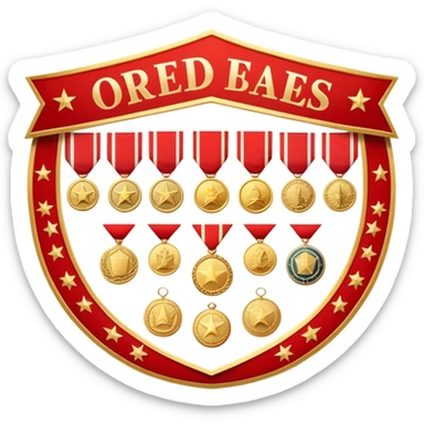 Icon for Collecting Orders, Medals & Badges: a variety of vintage orders, medals and badges, displayed neatly on a big red pennant. The icon should reflect the honor and historical significance of these collectible items. Transparent background. sticker