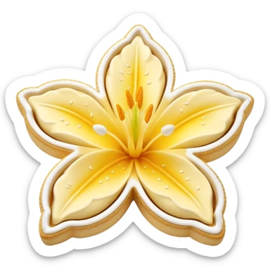 Realistic shortbread cookie in the shape of a lily flower with pastel yellow color jelly middle filling and sprinkled powder sugar on top. sticker