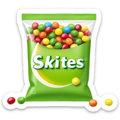 Torn open Skittles package with green candies visible inside, minimalist style with simple rainbow colors. sticker