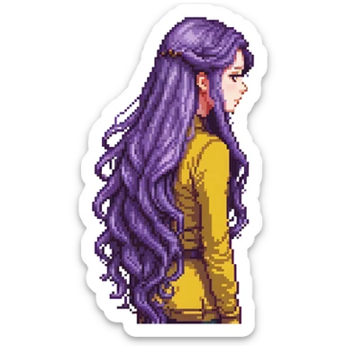 Girl with long purple hair that flows down her back, pixel art style sticker