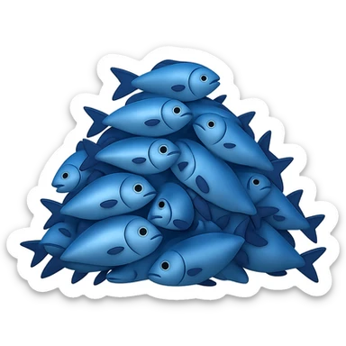 Create a large, loosely pyramid-shaped pile of blue fish in the style of iPhone Apple emojis, blending between 2D and 3D appearance, with a transparent background. sticker