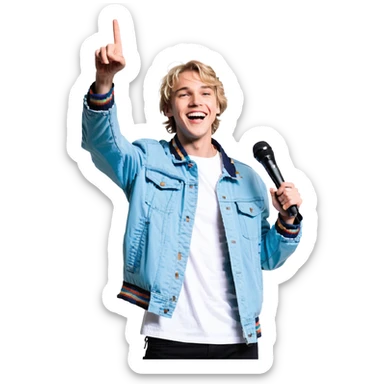 Pixel art style, expressive male performer, Caucasian features, short sandy blonde hair, lively eyes, wide cheerful smile, wearing a sky blue jacket over white tee, tossing a microphone in one hand, waist-up, front-facing sticker