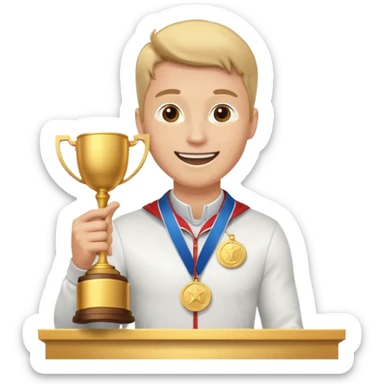 winner ceremony with one guy standing in a winner's podium and having a medal around his neck and holding a trophy sticker