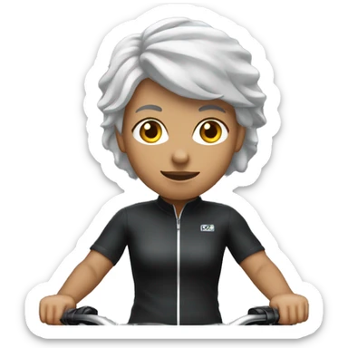 Mountain biking black bike, white cyclist wearing black clothes woman with grey hair sticker