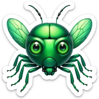 Cinematic Cute Green Bugdie Portrait Emoji, Head tilted playfully and inquisitively, featuring a glossy, vibrant emerald exoskeleton with intricate patterns, round, sparkling multifaceted eyes filled with curiosity, Simplified yet irresistibly adorable features, highly detailed, glowing with a warm, friendly glow, high shine, affectionate and lively, stylized with a touch of whimsy, bright and endearing, soft glowing outline, capturing the essence of a mischievous yet charming bug, so playful it feels like it could buzz out of the screen and into your arms! sticker