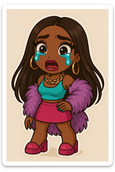 Change her expression to shocked, keep her as a 20-year-old anime Bratz style woman with dark skin, dark hair, glamorous evening wear, big expressive eyes, and glossy lips. sticker