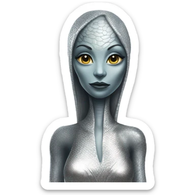 reptilian alien woman in silver dress sticker