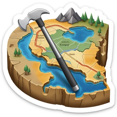 An icon featuring a crowbar and a geological map, and layers of Earth’s crust, symbolizing geology. The design includes mineral samples, fossils, and tectonic plates, representing the study of Earth’s structure and natural processes. Transparent background highlights geological exploration sticker