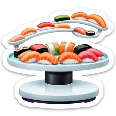 rotating sushi conveyor belt restaurant with colorful sushi plates, at restaurant  sticker