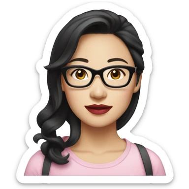 Whitney Lau, dark hair, chinese, woman, wearing glasses, pink lips,  sticker