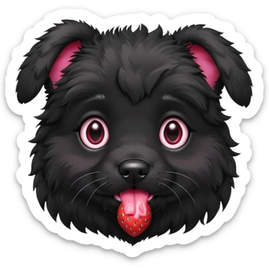 A black fluffy puppy with a strawberry sticker
