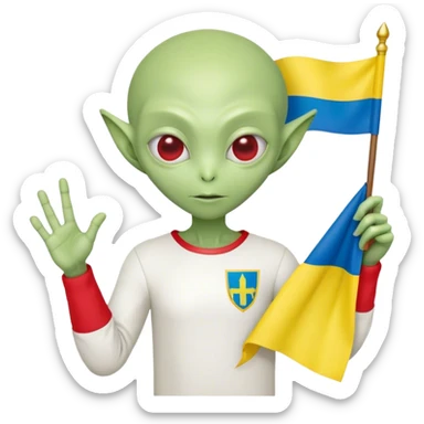 Green alien in Shirt 👚 vyshyvanka, white with red embodiary on sleeved, with 🇺🇦 Ukraine flag in a hand sticker