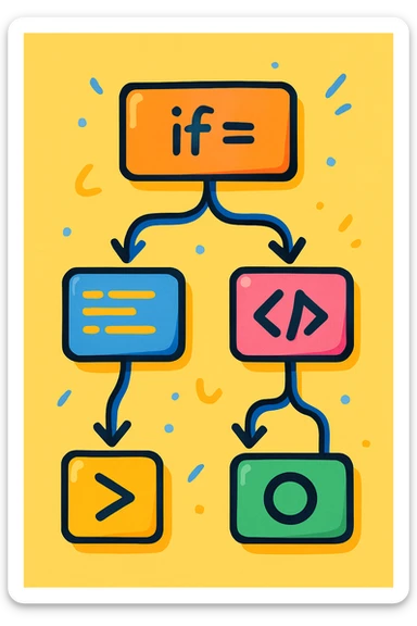 playful decision tree illustration showing code blocks and arrows, vibrant cartoon style sticker