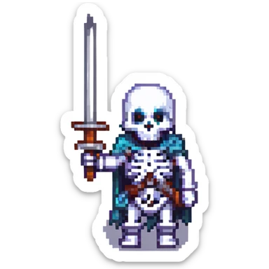 skeleton holding a sword, pixel art style sticker