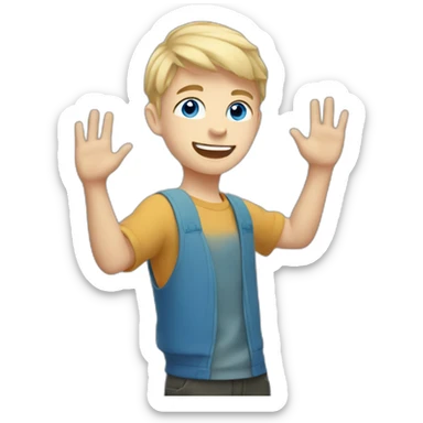 Blonde teen boy with medium short hair, blue eyes, waving hi to the camera sticker