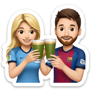 emoji-style illustration of Lionel Messi and Shakira smiling at each other, both holding traditional yerba mate cups, about to make a cheerful toast, friendly, happy, expressive cartoon faces, bright colors, fun vibe sticker
