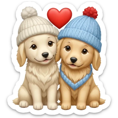 2 English cream golden retrievers cuddling with winter hats and heart in between them. Make them pale dogs  sticker