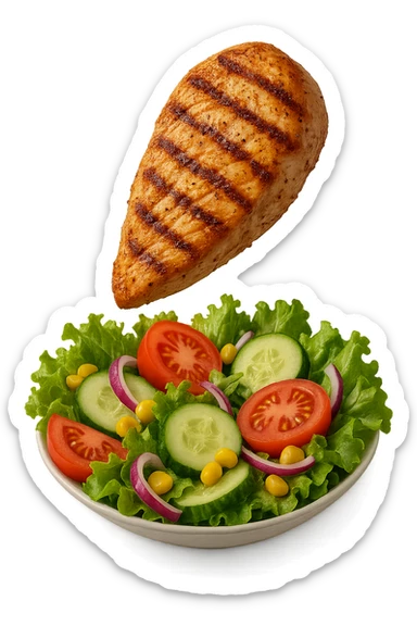 INSALATA CON PETTO DI POLLO GRIGLIATO CHE CADE DALL'ALTO, IPERREALISTICO 4K sticker